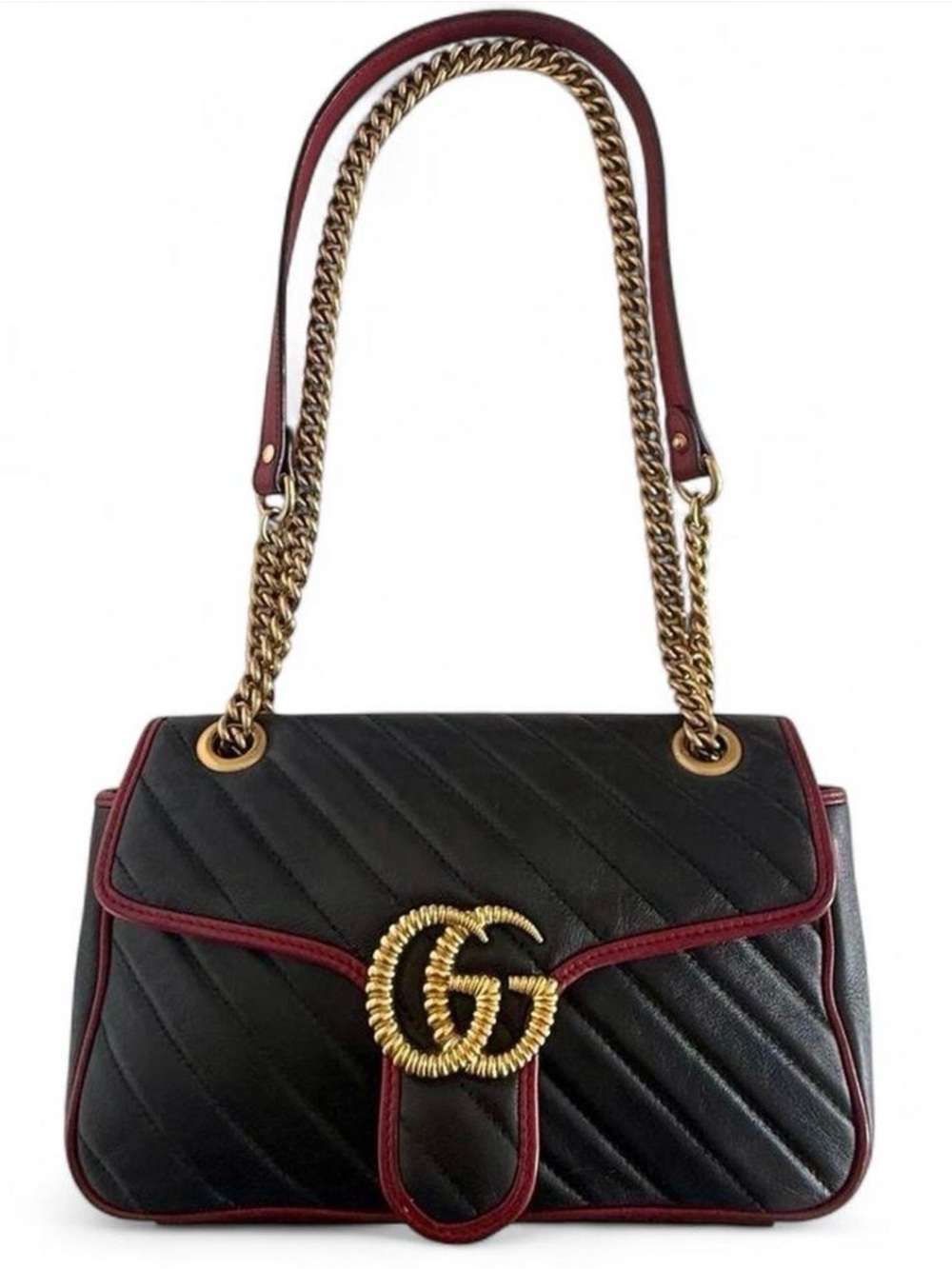 Gucci GG Marmont Medium Diagonal Black Bag Burgundy Trim Gold Hardware